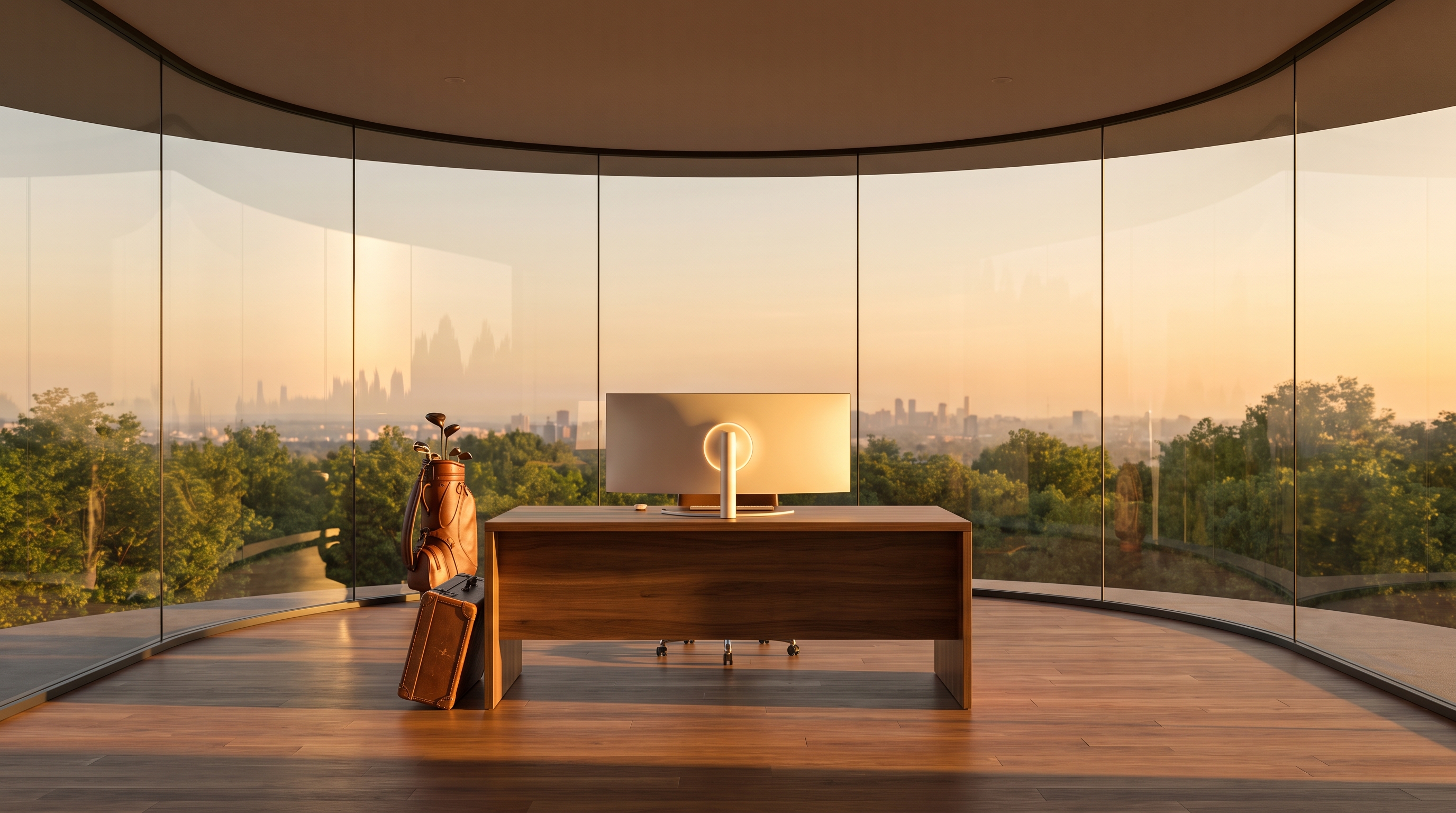 A modern walnut desk centred inside a seamless curved floor-to-ceiling glass drum at golden hour, warm light wrapping the curved glass, green treetops and a distant skyline beyond, golf bag and leather suitcase in the foreground.
