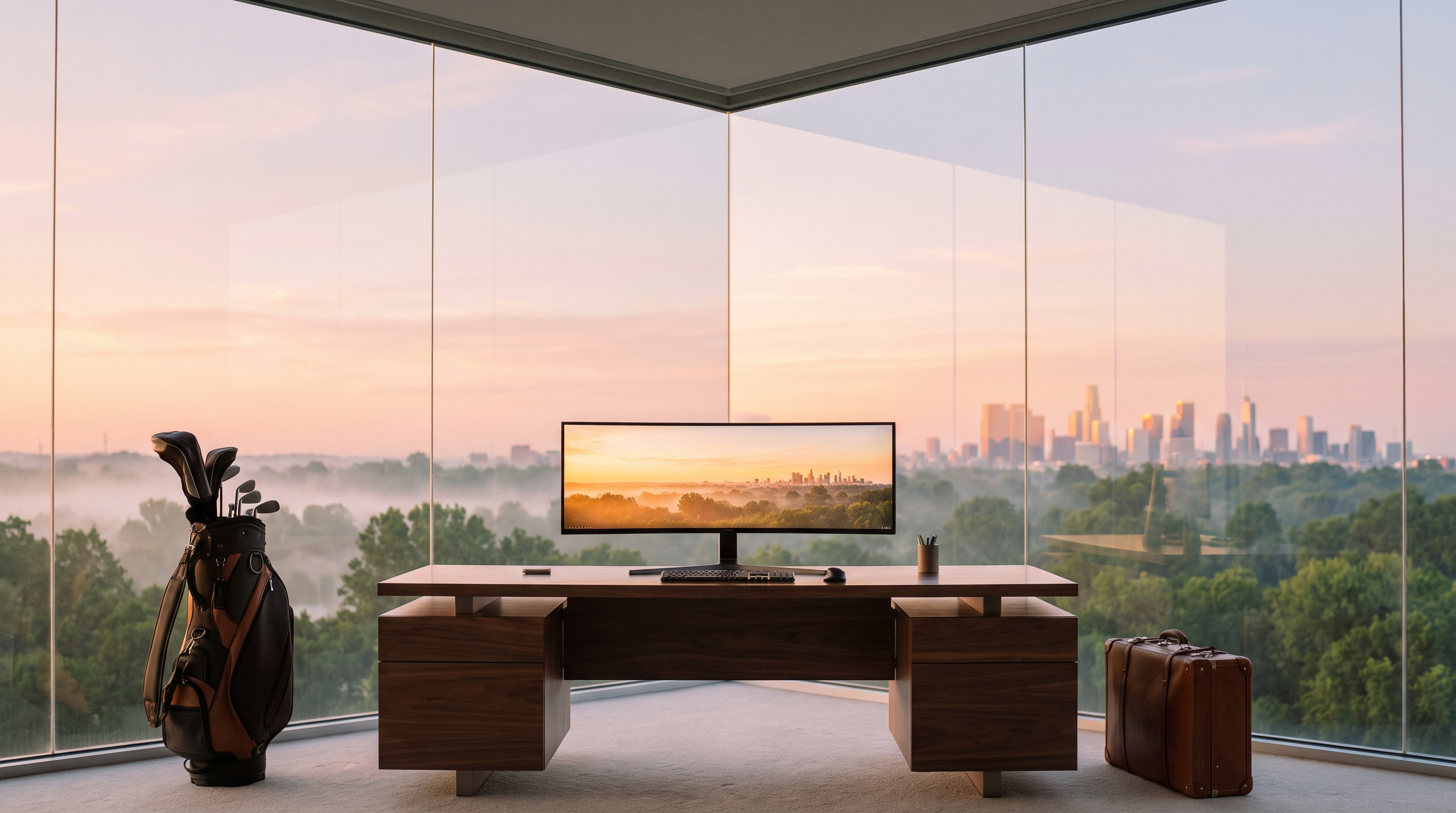 A modern walnut desk centred in a symmetric all-glass corner room at first light, soft pink dawn sky and mist over green treetops, a distant city skyline, golf bag and leather suitcase balanced in the foreground.