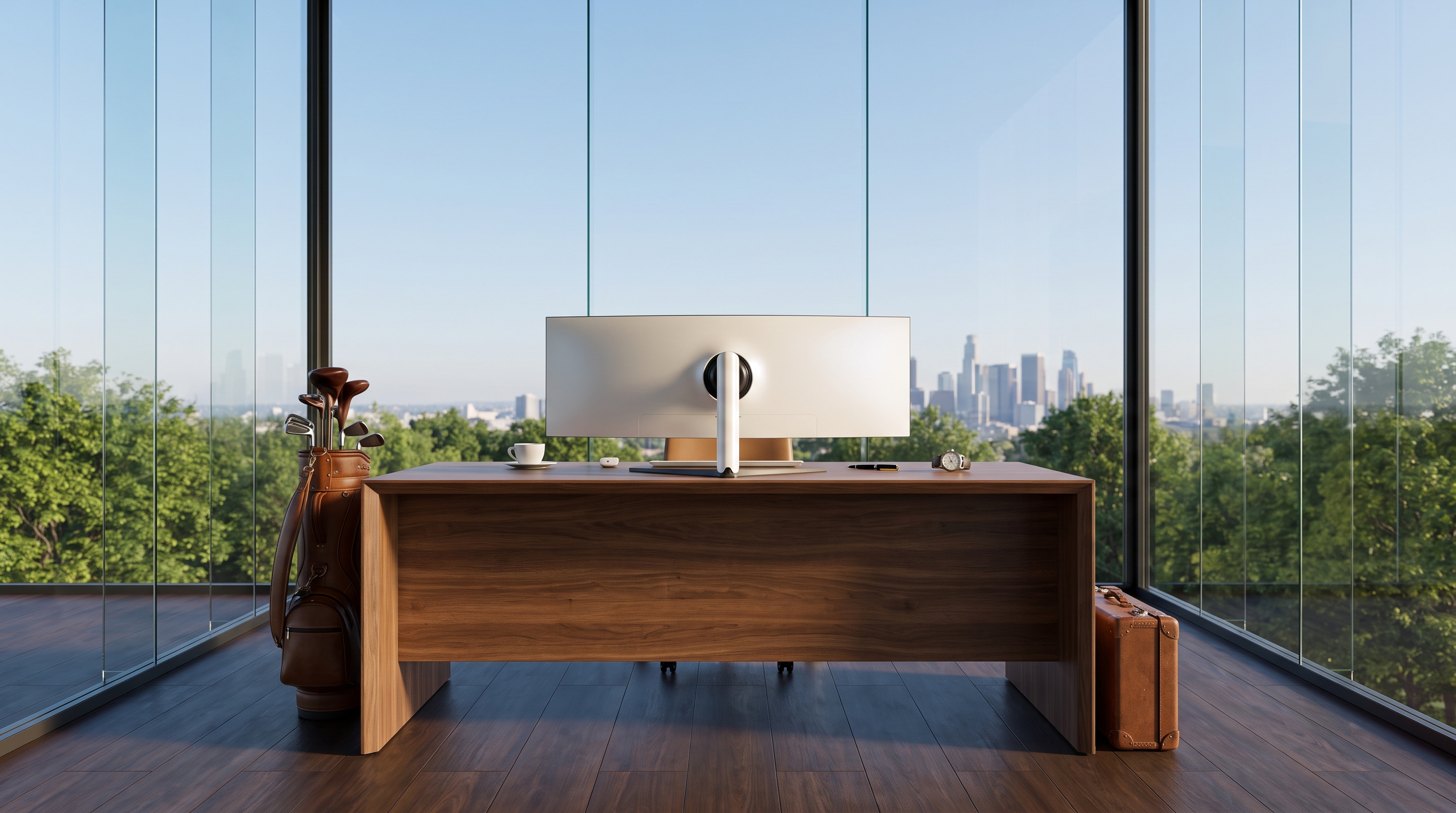 A modern walnut desk centred in a symmetric all-glass corner room under a clear blue midday sky, green treetops and a distant city skyline through full-height glass, golf bag and leather suitcase balanced in the foreground.