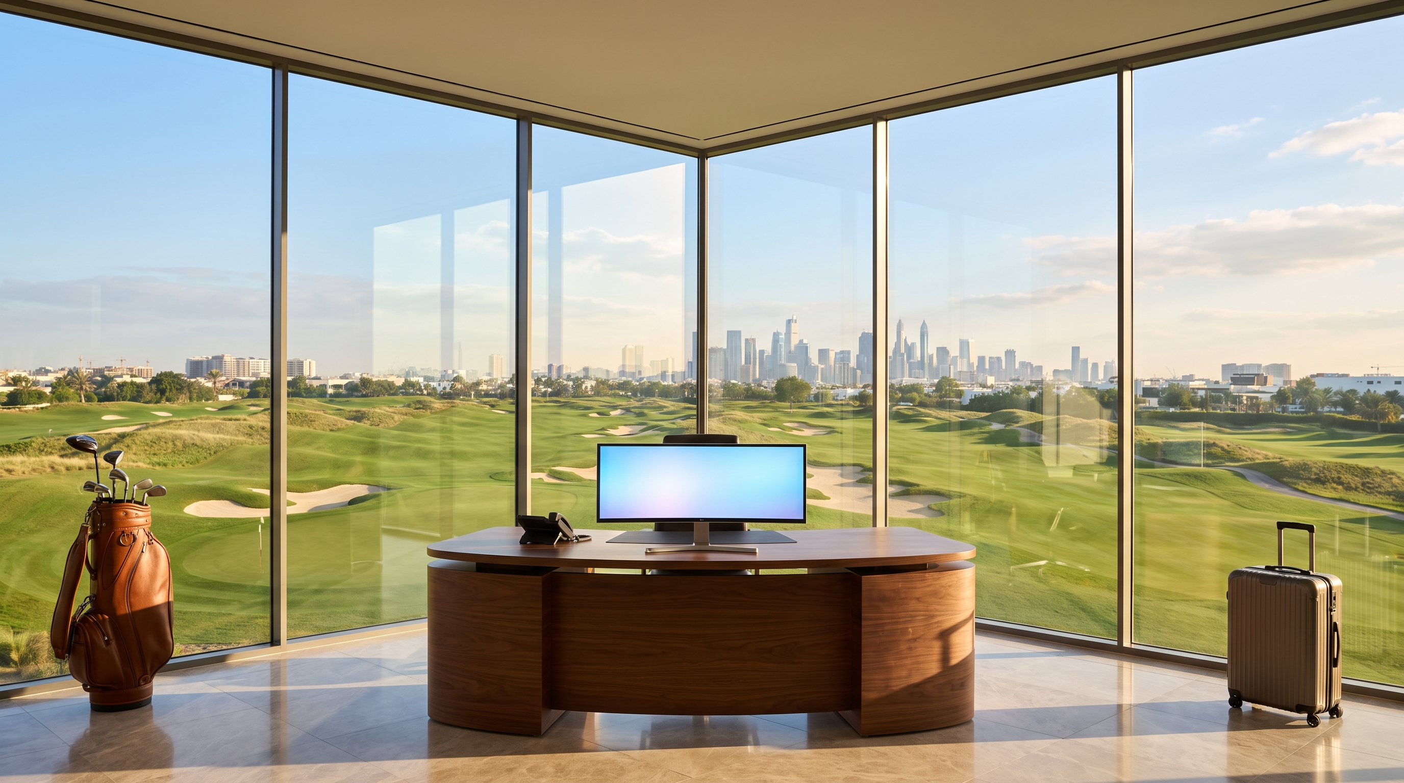 A modern walnut desk centred in a symmetric all-glass corner room overlooking a green golf course fairway that runs toward a distant city skyline, golf bag and suitcase in the foreground.