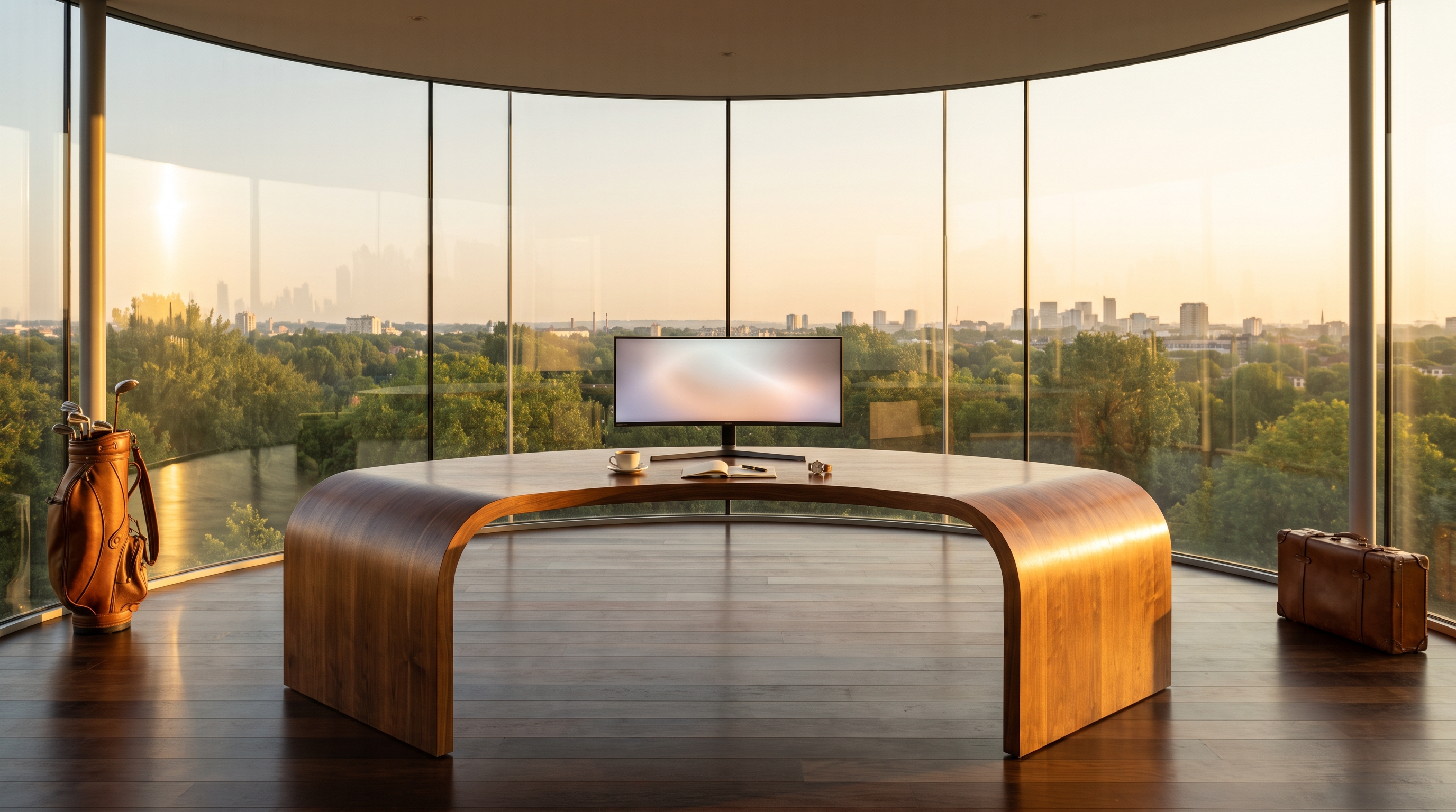 A sculptural arched walnut bench-style desk centred inside a seamless curved glass drum at golden hour, golf bag at far left and leather suitcase at far right, green treetops and a distant skyline through the curved glass.