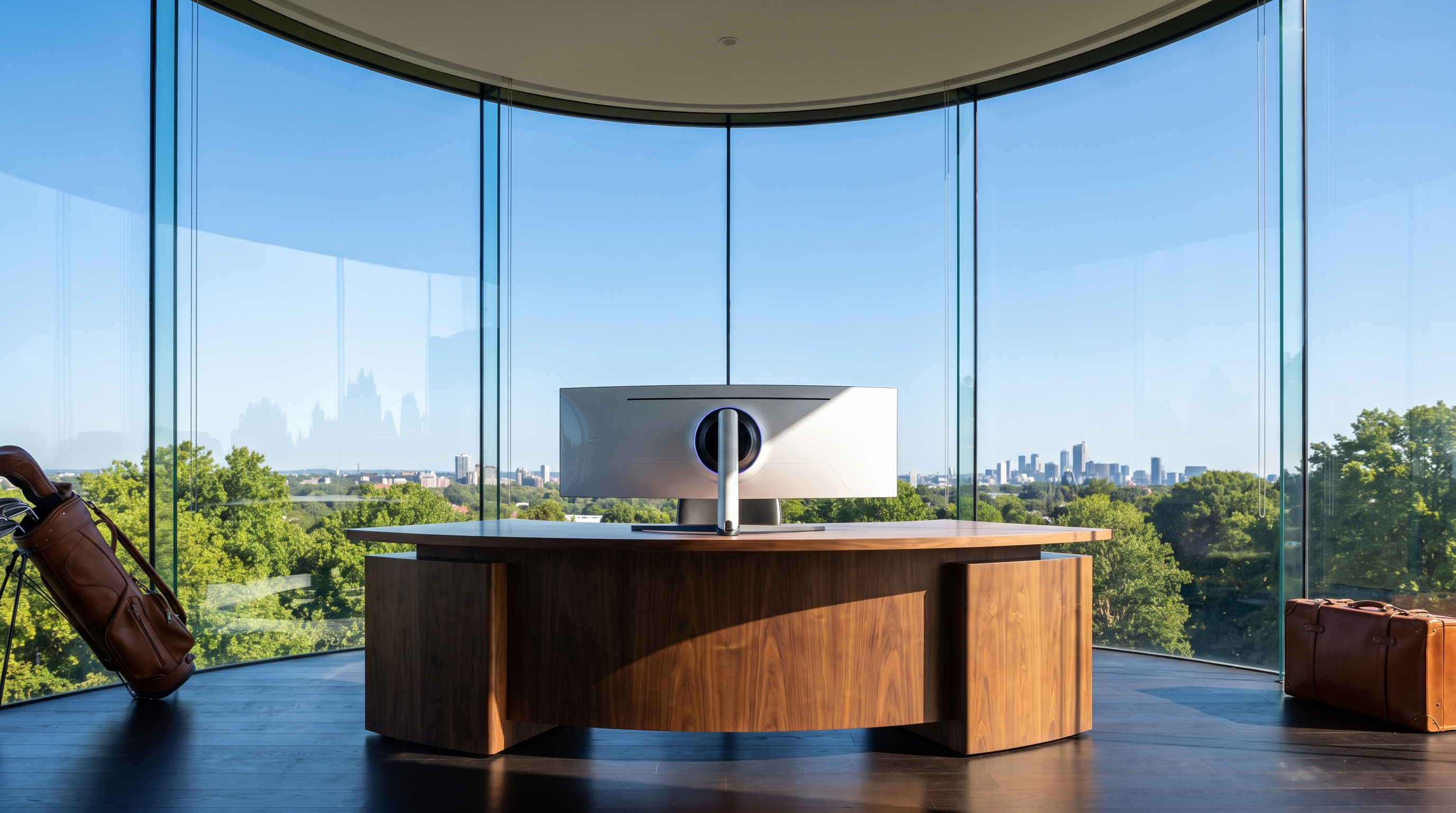 A curved crescent walnut executive desk centred inside a seamless curved glass drum under a clear blue sky, green treetops and a distant skyline through the glass, golf bag and leather suitcase framing the desk.