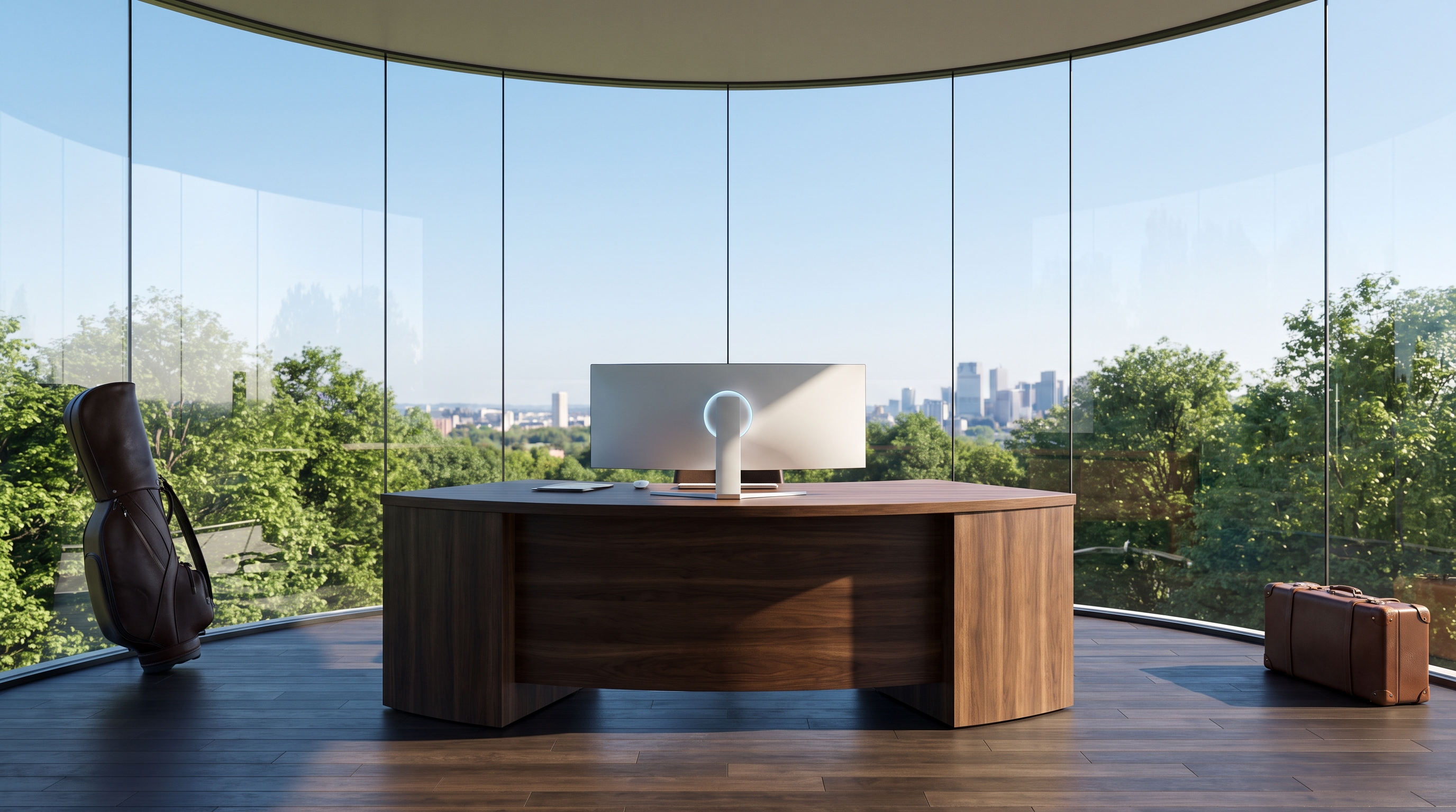 A curved crescent walnut executive desk centred inside a seamless curved glass drum under a clear blue sky, an alternate framing with green treetops and a distant skyline, golf bag at far left and leather suitcase at far right.