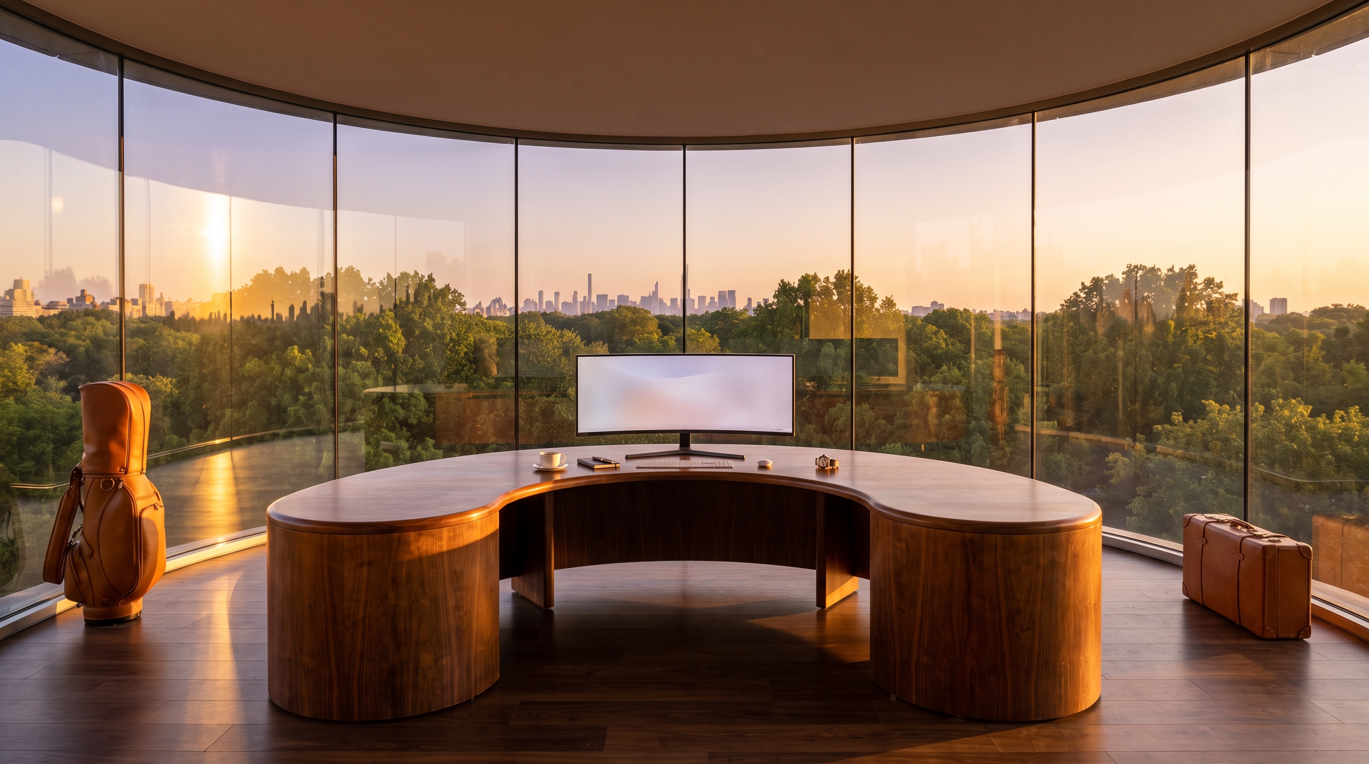 A curved crescent walnut executive desk that echoes the glass arc, centred inside a seamless curved glass drum at golden hour, golf bag at far left and leather suitcase at far right, distant skyline through the glass.