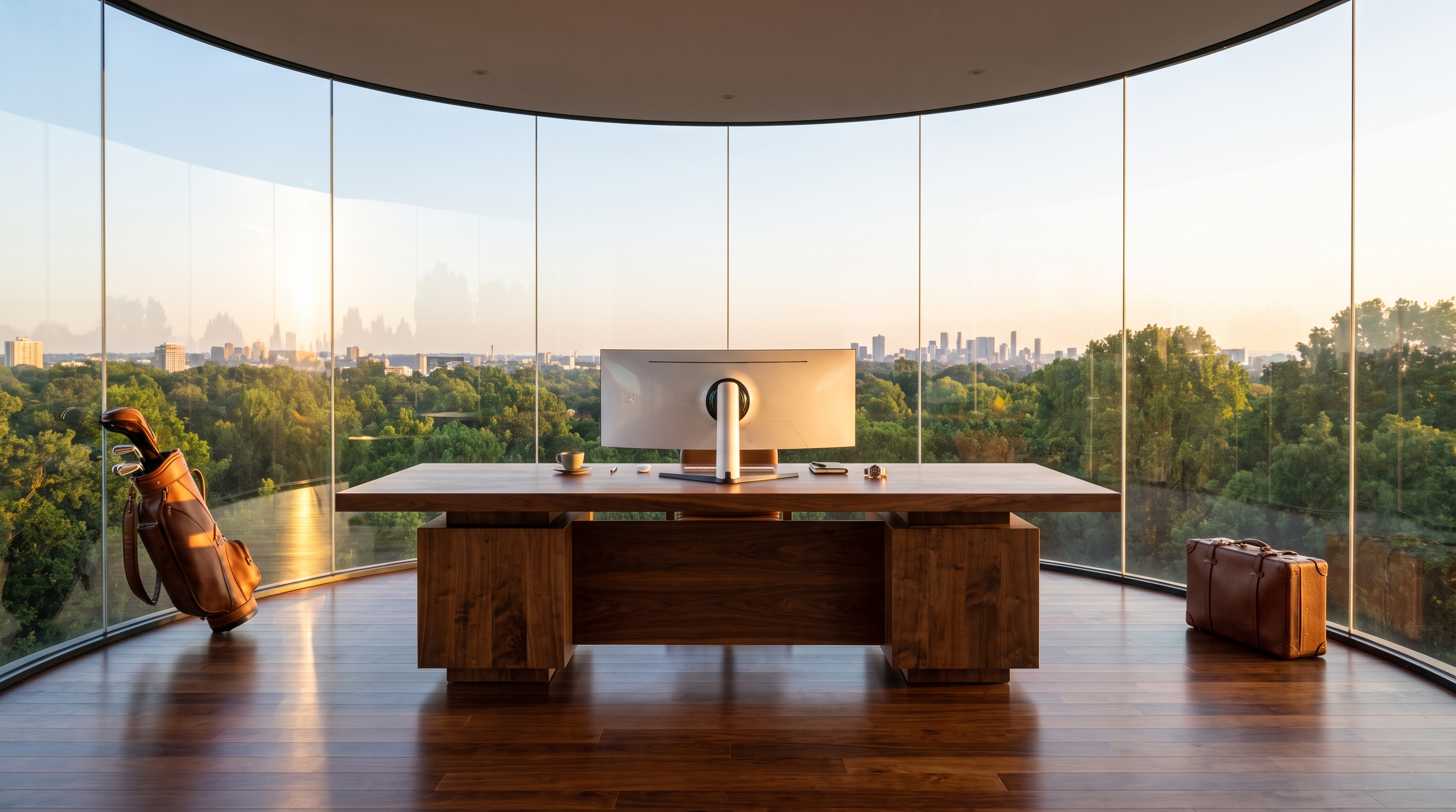 A large, grand modern walnut executive desk centred inside a seamless curved glass drum in soft dawn light, golf bag at far left and leather suitcase at far right, green treetops and a distant skyline through the curved glass.