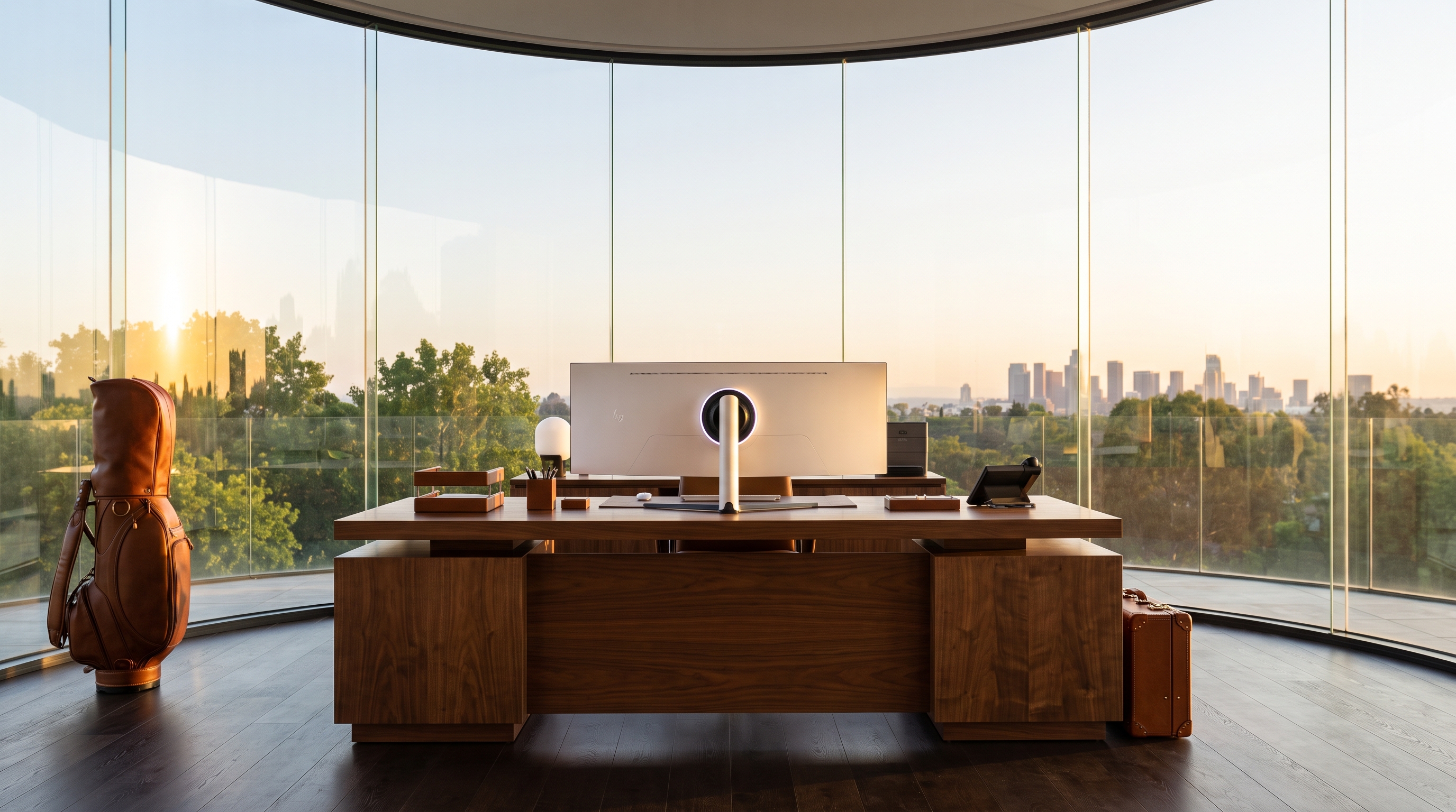 A wide view of a grand modern walnut executive desk with leather desk accessories, centred inside a seamless curved glass drum at golden hour, golf bag at far left and leather suitcase at far right.