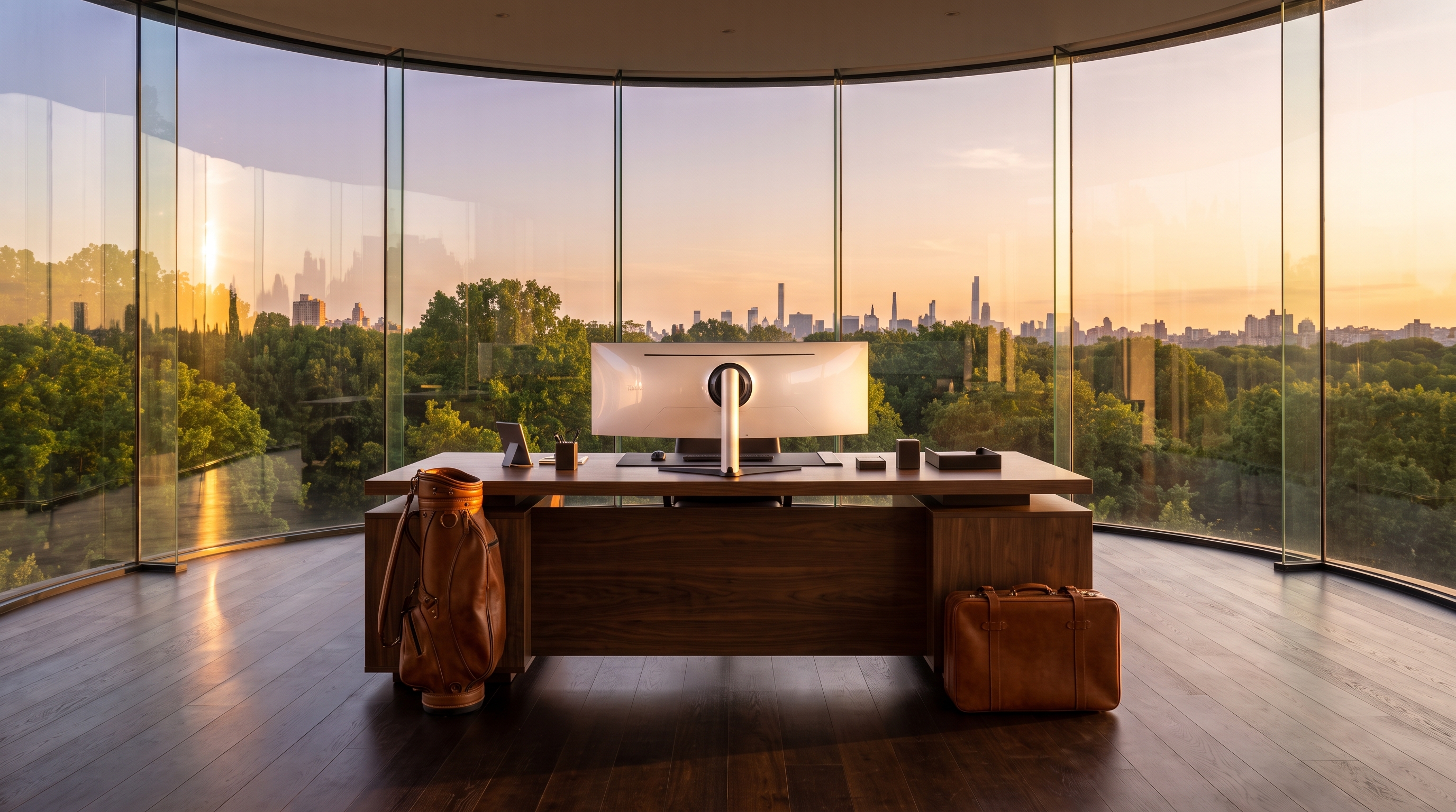 A grand modern walnut executive desk centred inside a seamless curved glass drum at golden hour with a distant city skyline glowing through the glass, golf bag and leather suitcase framing the desk.