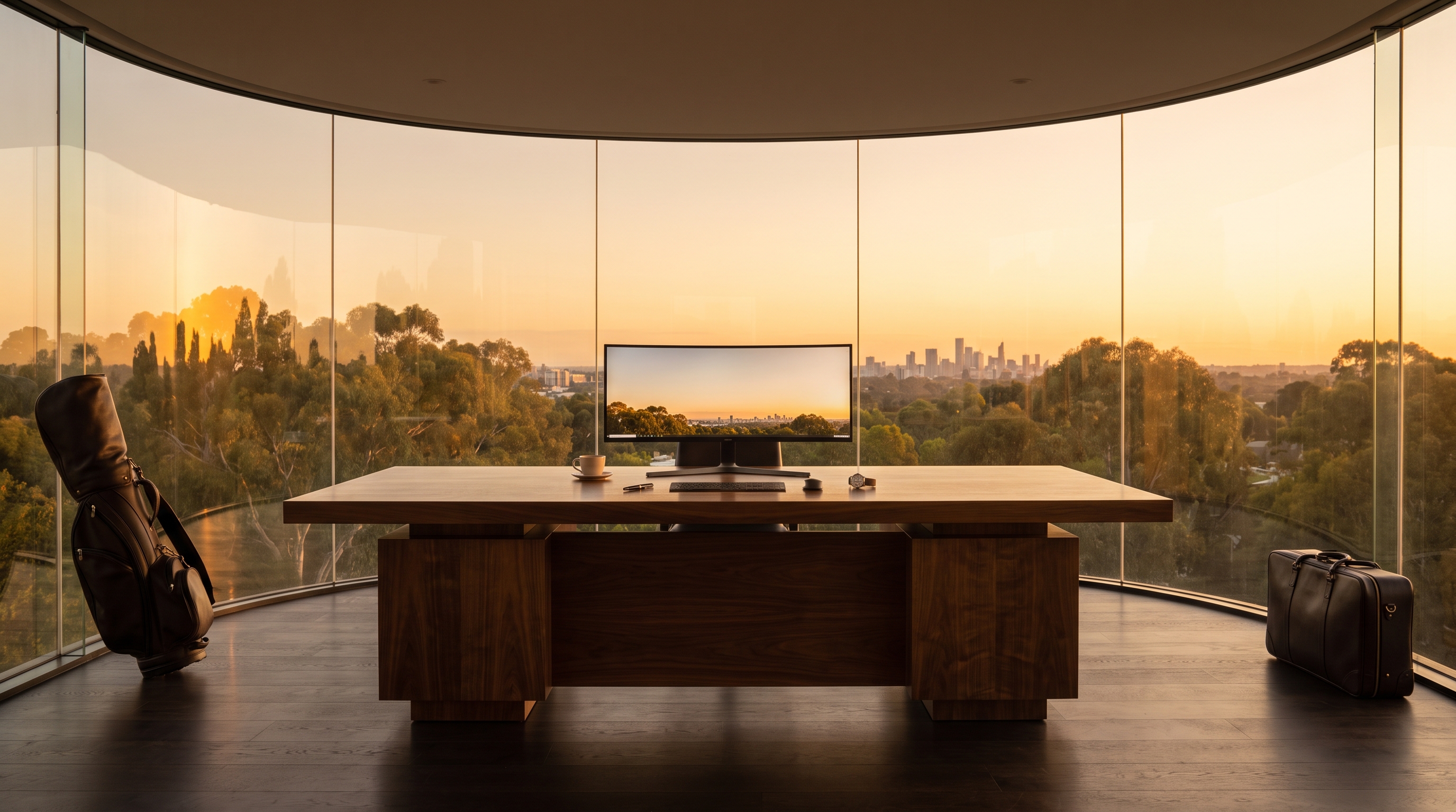 A large, grand modern walnut executive desk centred inside a seamless curved glass drum at golden hour, golf bag at far left and leather suitcase at far right, green treetops and a distant skyline through the curved glass.