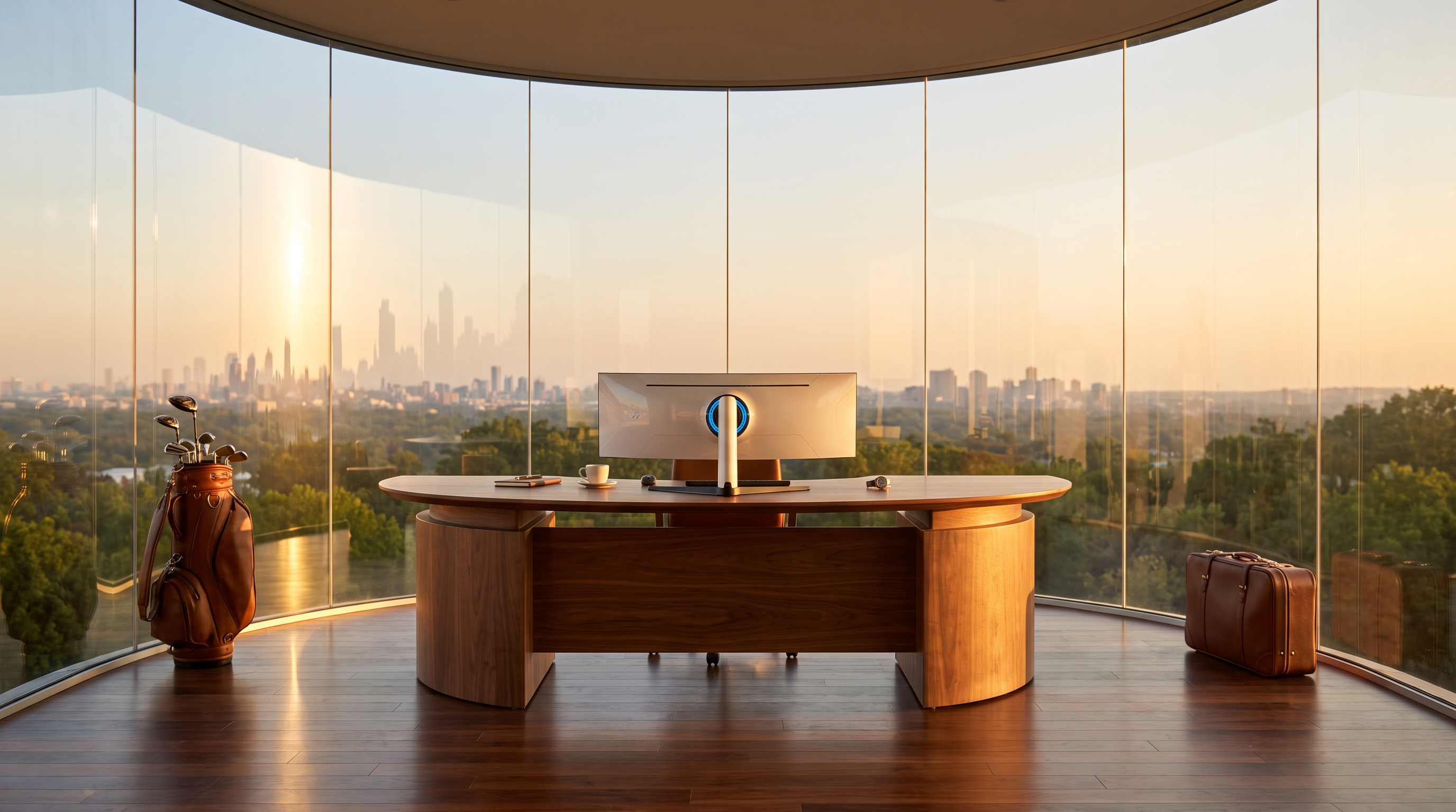 A grand walnut crescent executive desk with a blue-ringed curved monitor, centred inside a seamless curved glass drum in warm golden light, a distant skyline through the curved glass, golf bag at far left and leather suitcase at far right.