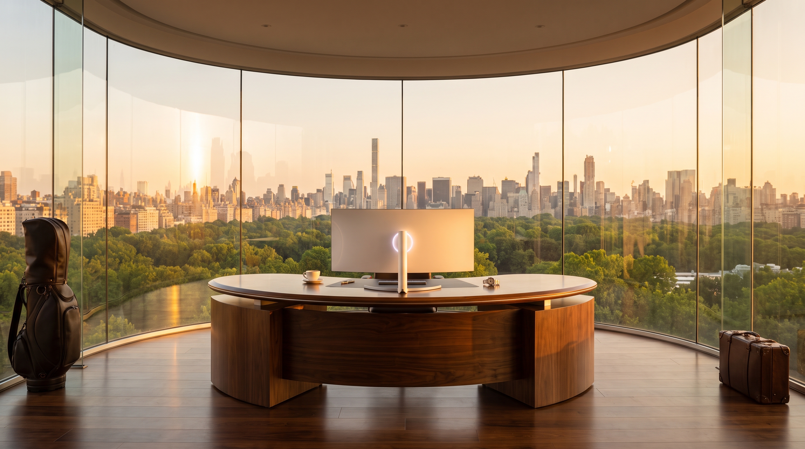 A grand walnut crescent executive desk centred inside a seamless curved glass drum at golden hour, a glowing city skyline through the curved glass, golf bag at far left and leather suitcase at far right.