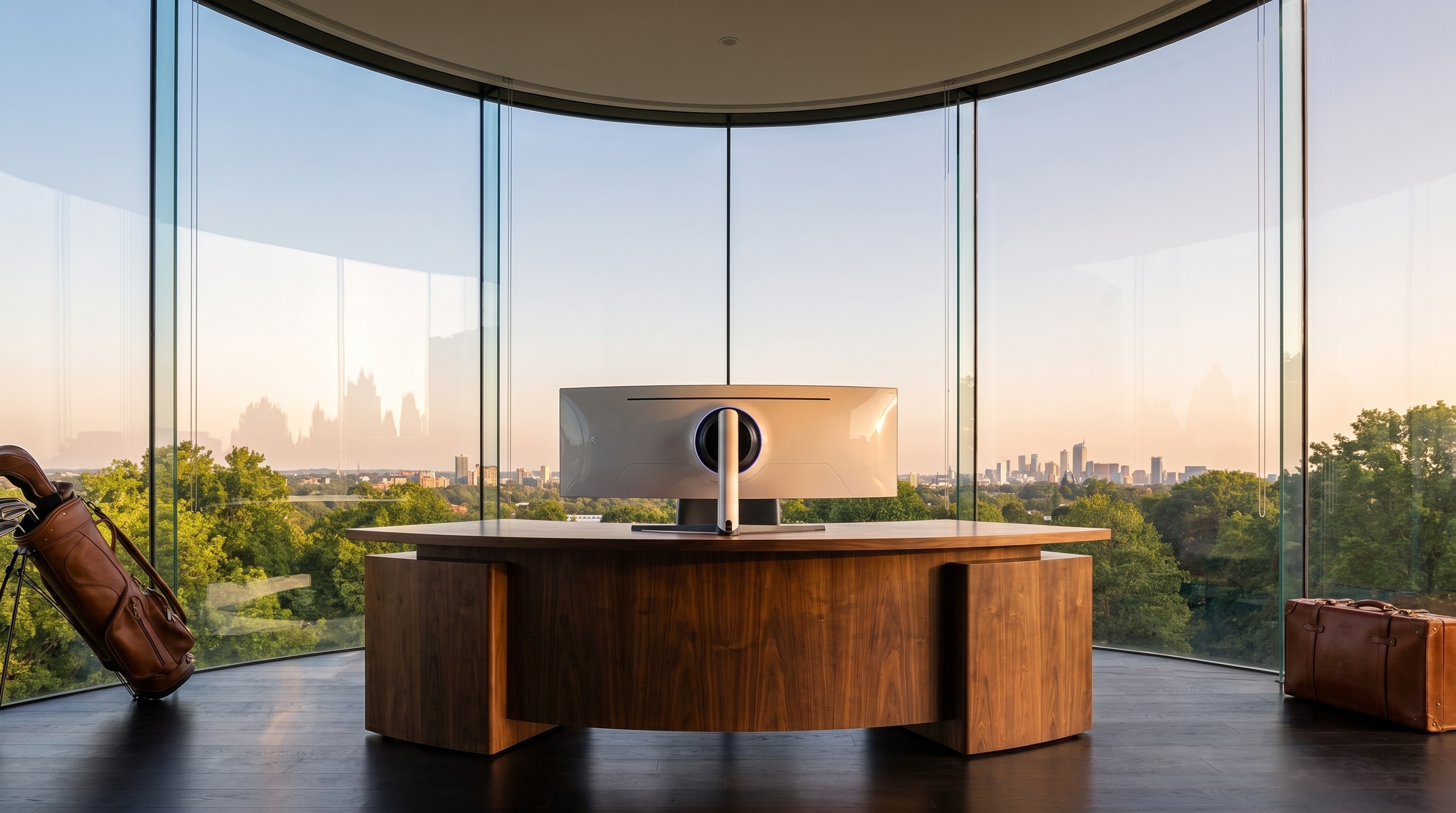 A grand walnut crescent executive desk centred inside a seamless curved glass drum in soft warm light, green treetops and a hazy distant skyline through the curved glass, golf bag at far left and leather suitcase at far right.