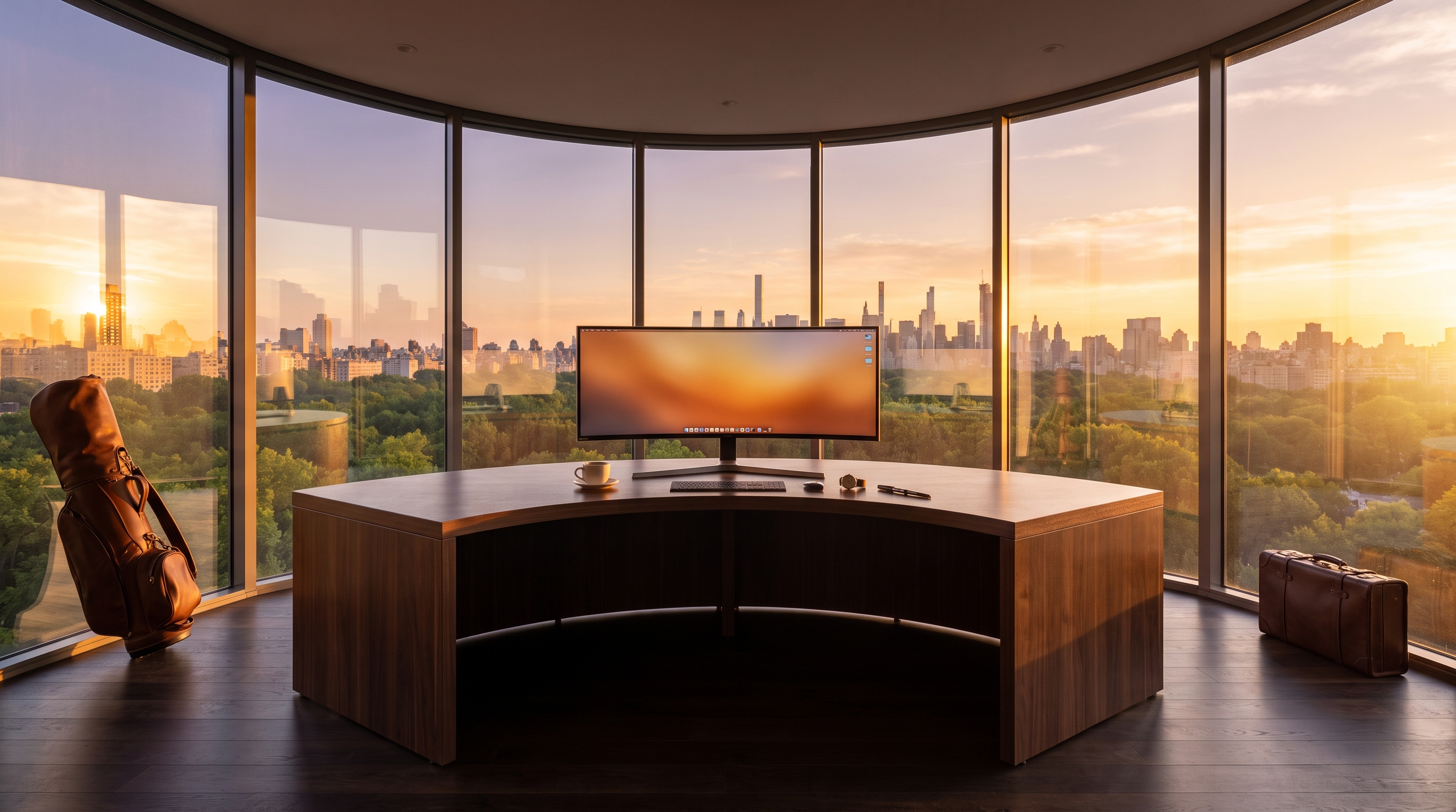 A grand walnut crescent executive desk centred inside a seamless curved glass drum at vivid sunset, a glowing golden city skyline and parkland through the curved glass, golf bag at far left and leather suitcase at far right.