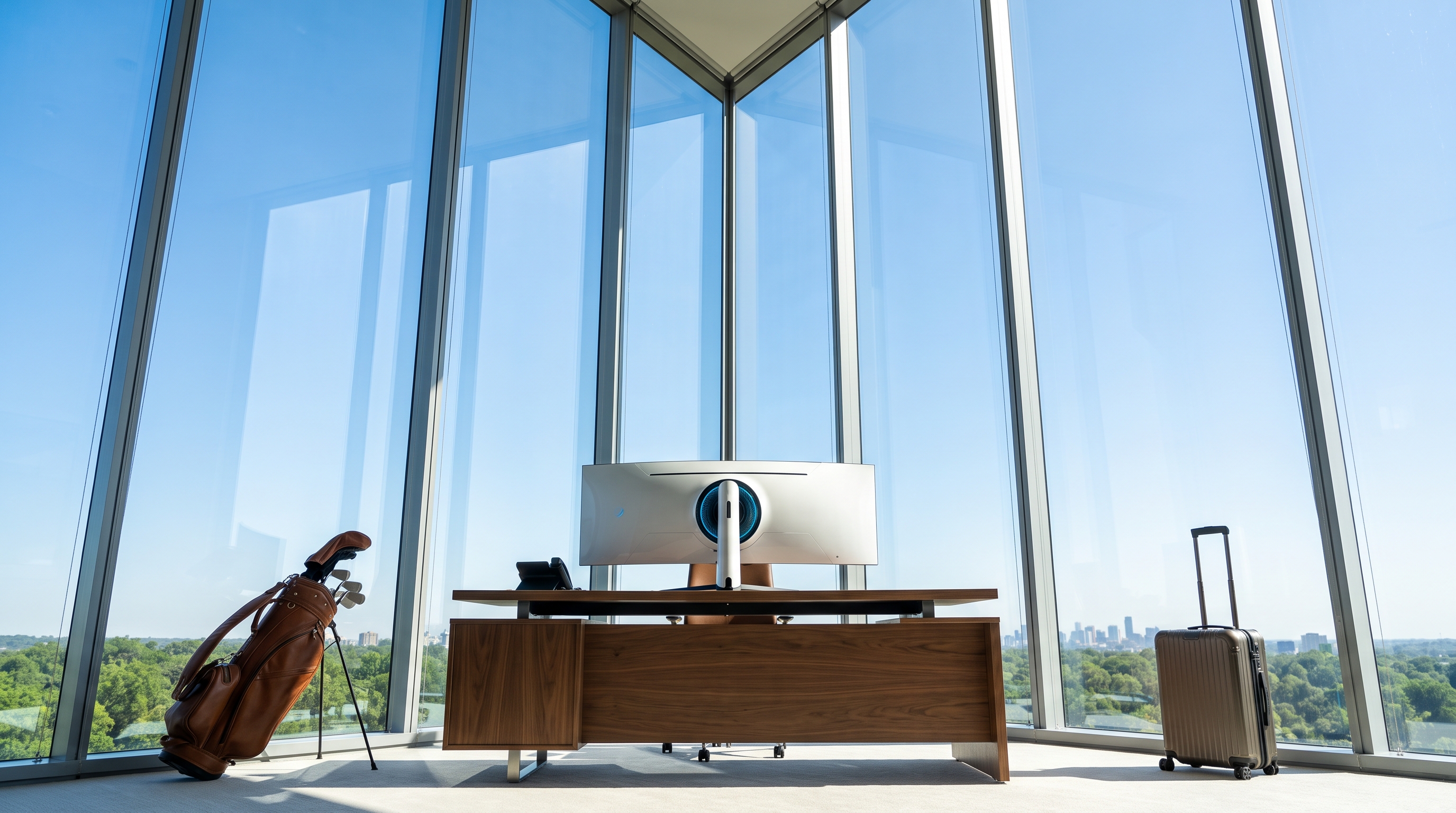 A modern walnut desk centred in a tall, symmetric all-glass corner room with a large band of open blue sky above, green treetops and a distant skyline low on the horizon, golf bag and suitcase in the foreground.