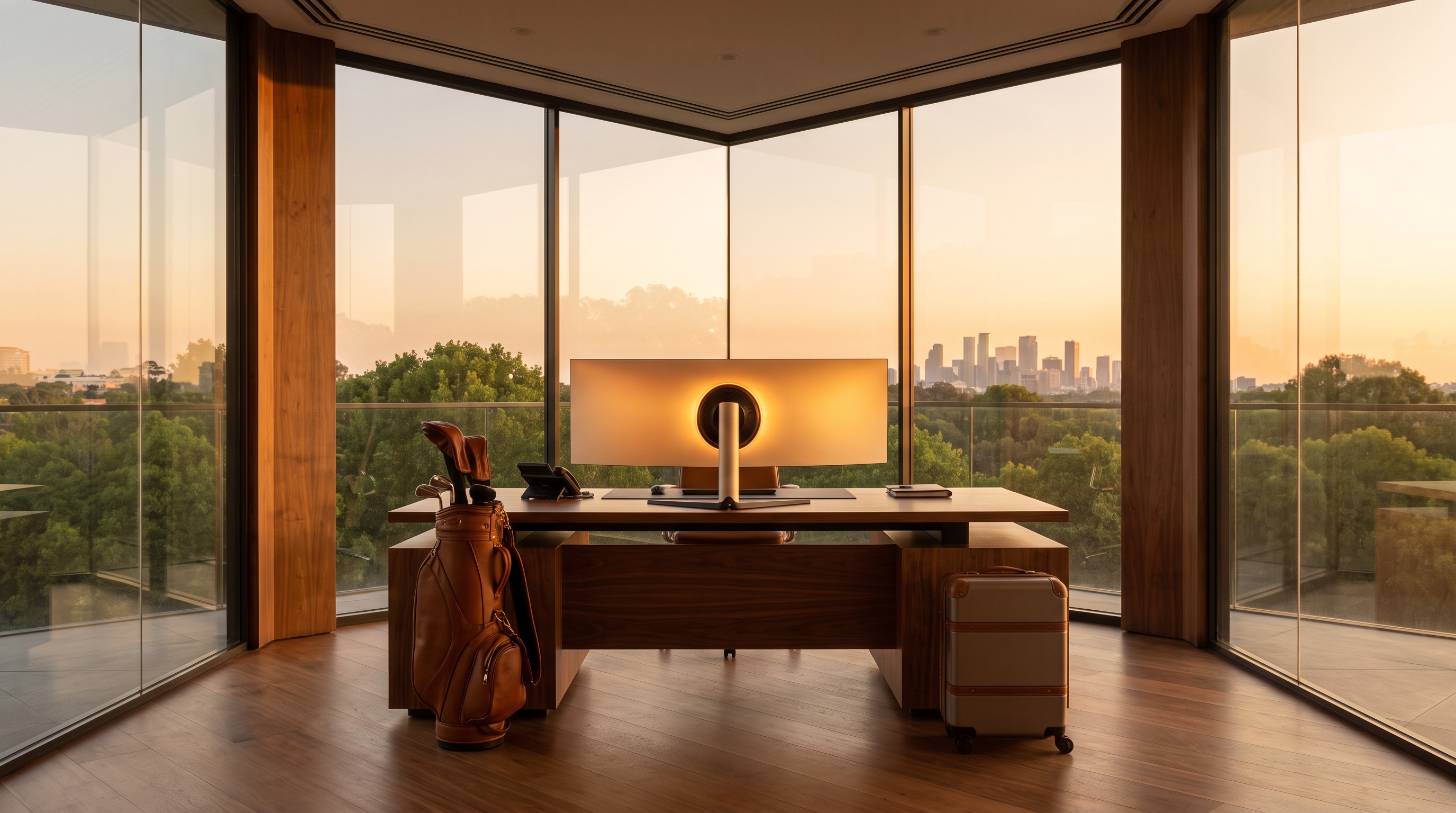 A modern walnut desk centred in a symmetric corner office at golden hour, warm amber light through wood-framed glass, green treetops and a distant skyline, golf bag and suitcase in the foreground.