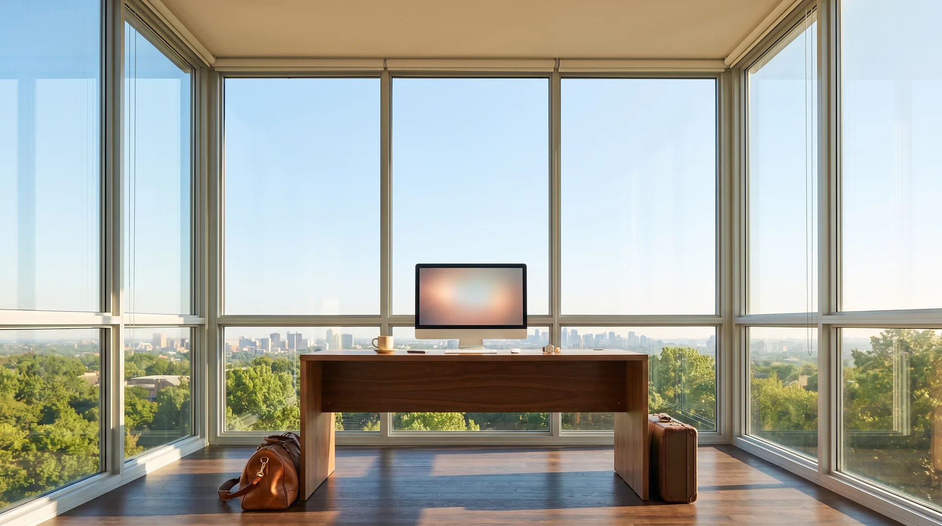 A modern desk centred in a symmetric all-glass corner room over treetops and a distant skyline, golf bag and suitcase in the foreground, open sky above.