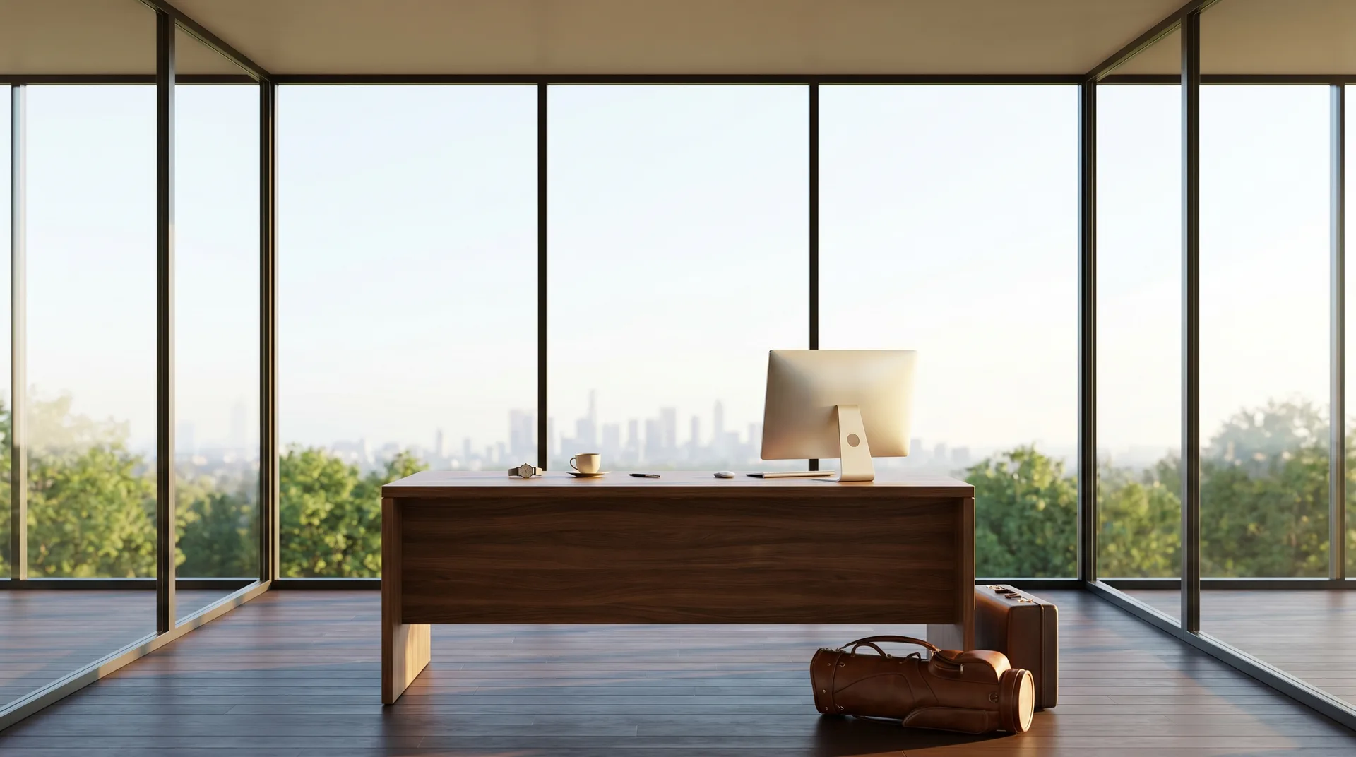 A modern walnut desk facing forward in a full-height all-glass room over green treetops and a low city skyline, golf bag and suitcase beside it.
