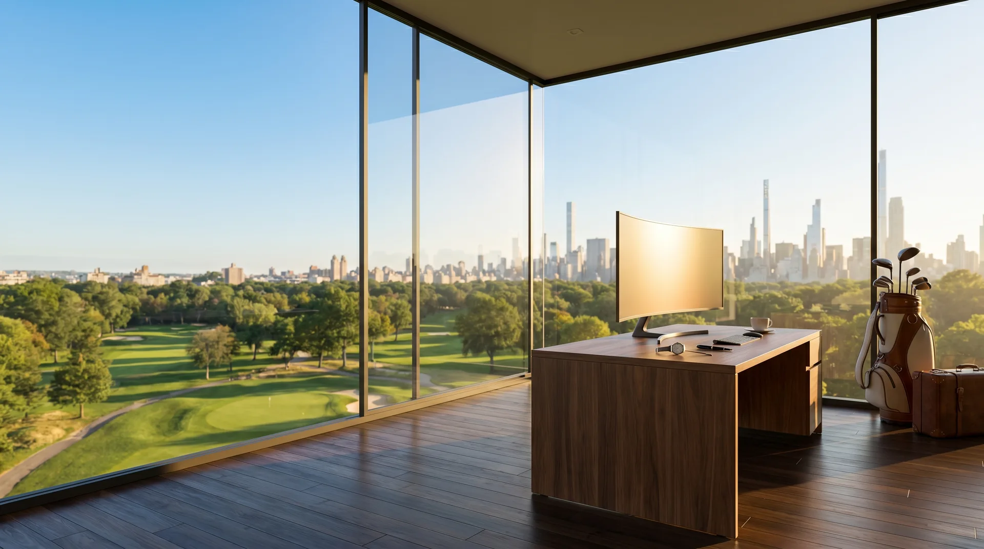 An all-glass corner office overlooking a green golf course and city skyline, modern desk and curved monitor on the right, golf clubs nearby.