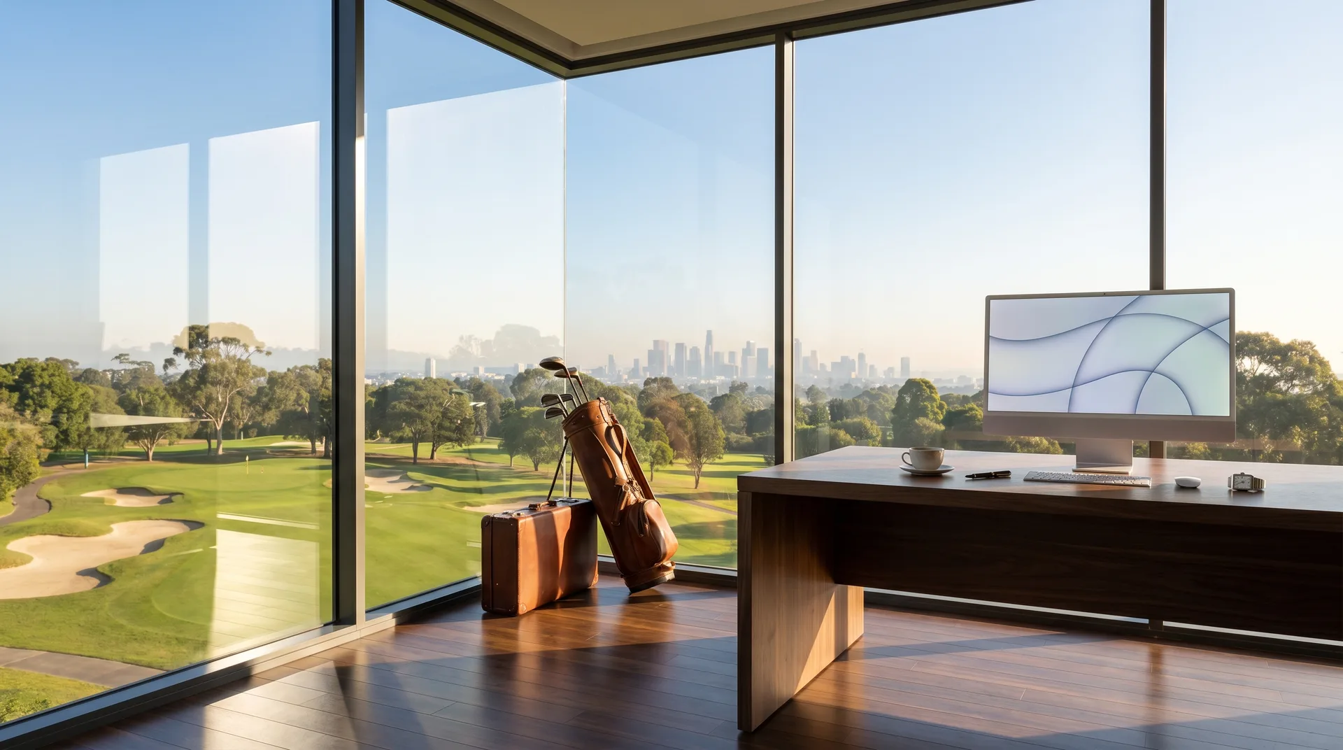 An all-glass corner office above a golf course with a misty morning city skyline, a golf bag standing by the glass and a modern desk on the right.
