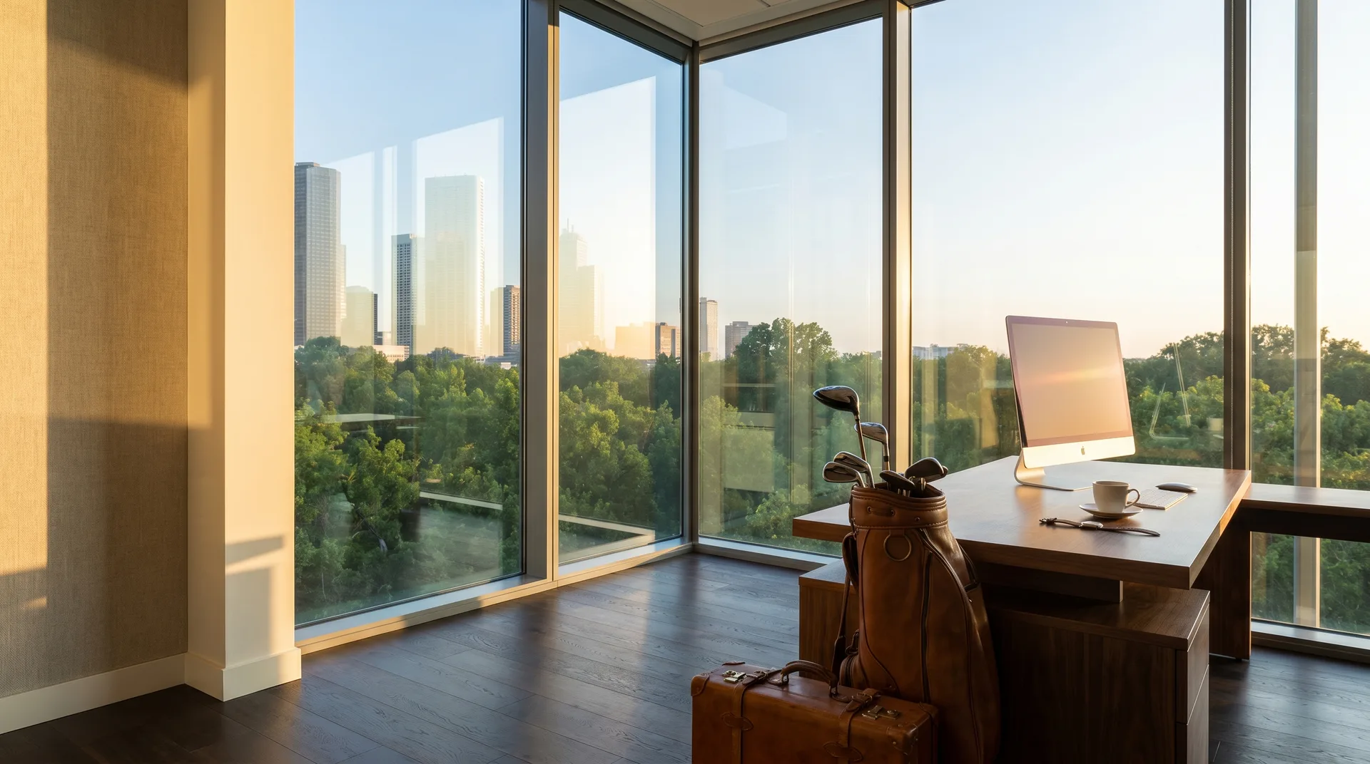 A corner office with one soft return wall and floor-to-ceiling glass in warm light, modern desk on the right, golf bag and suitcase in the foreground.