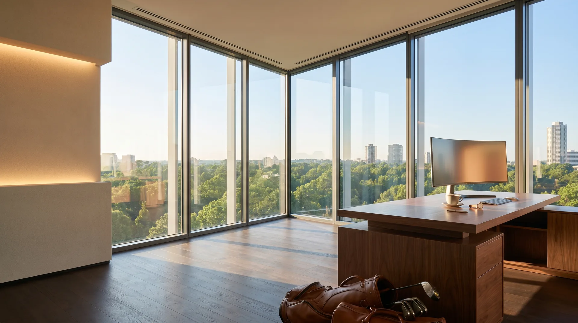 A corner office with a softly lit return wall on the left and corner glass over green treetops, a modern desk and curved monitor on the right.