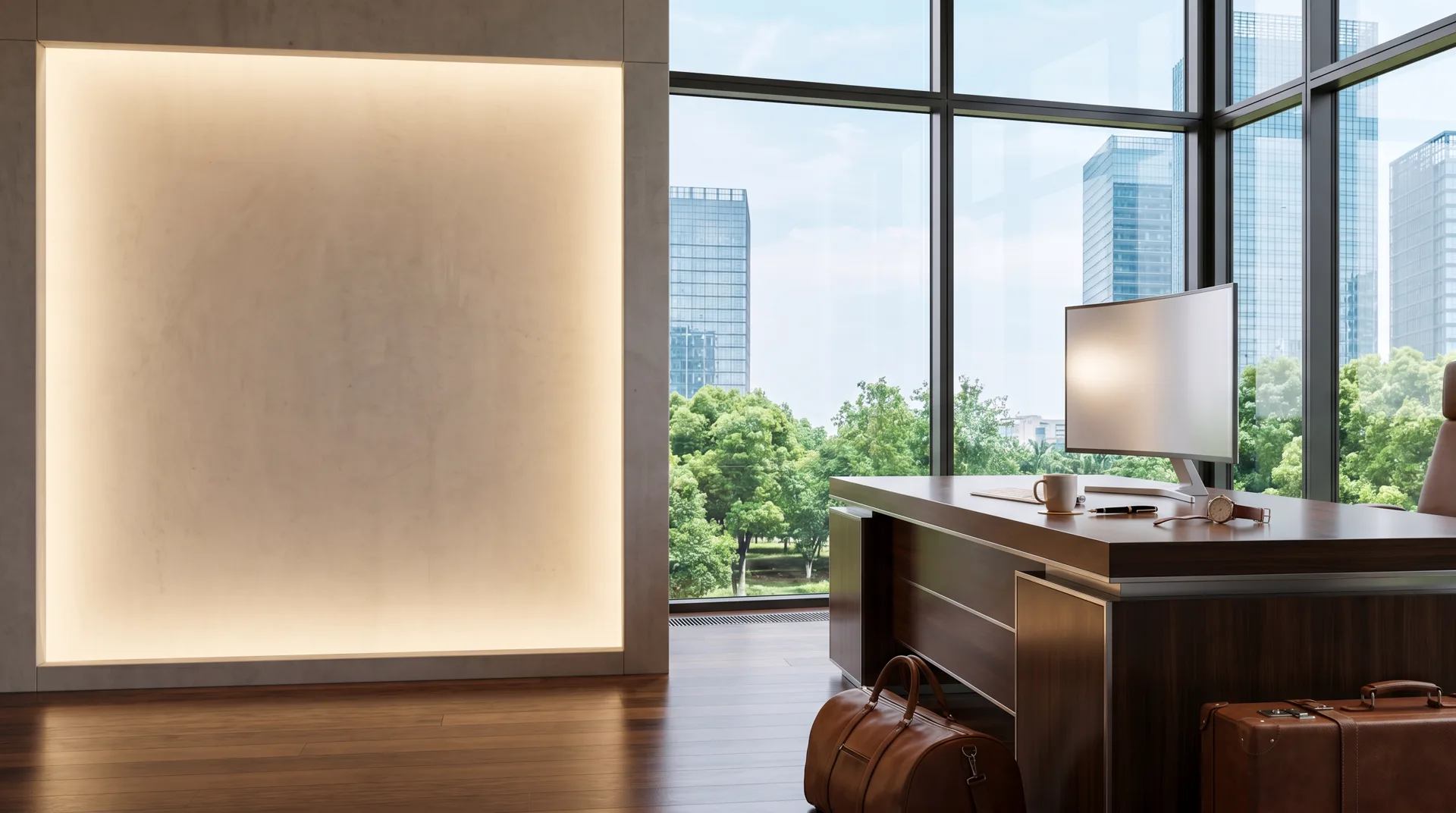 A grand modern executive desk beside a backlit feature wall, with trees and city towers through the windows, golf bag and suitcase nearby.