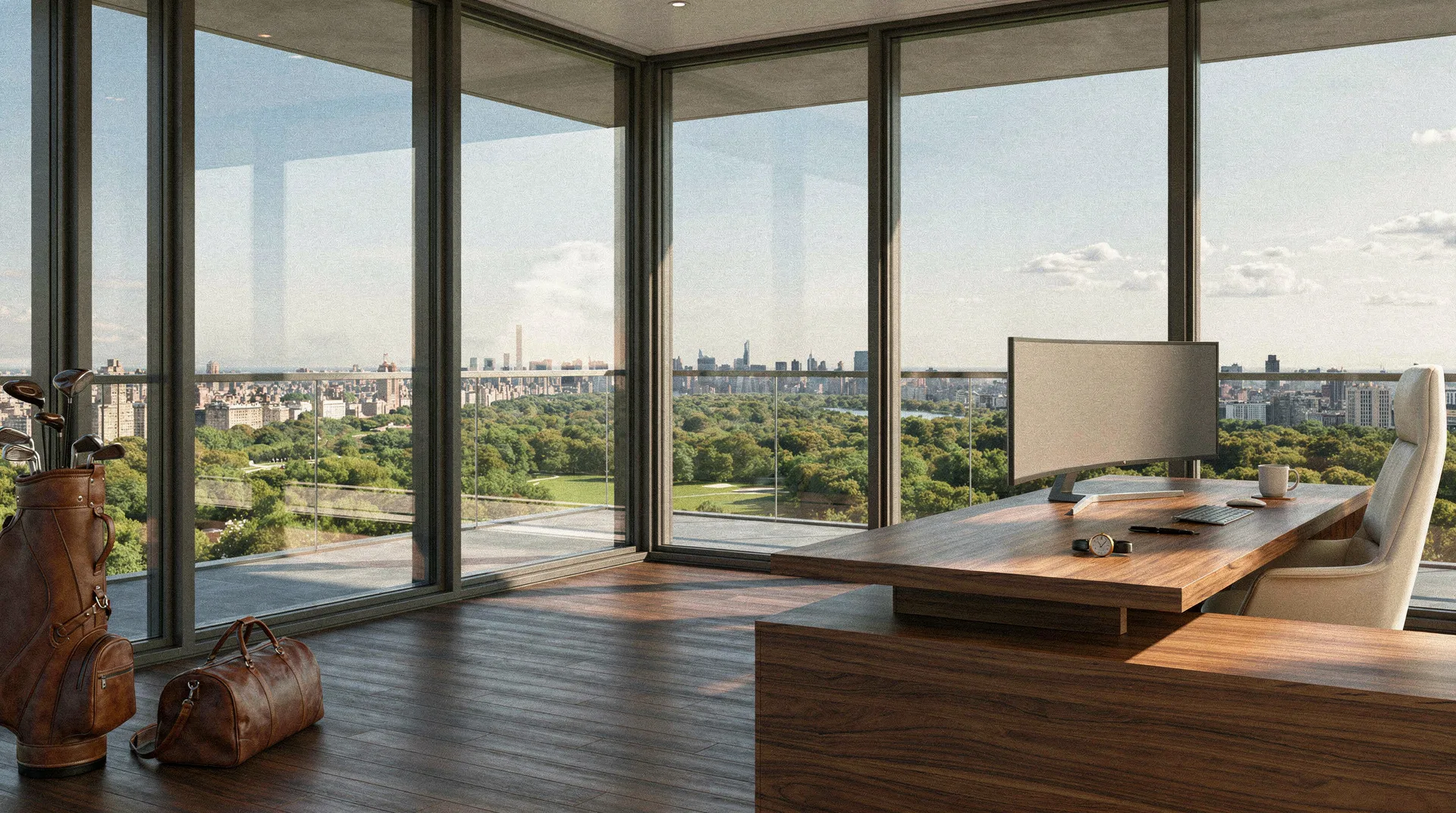 A photorealistic all-glass corner office high above green parkland and a distant city skyline, a modern walnut desk and curved monitor on the right, a leather golf bag and holdall on the timber floor at left.