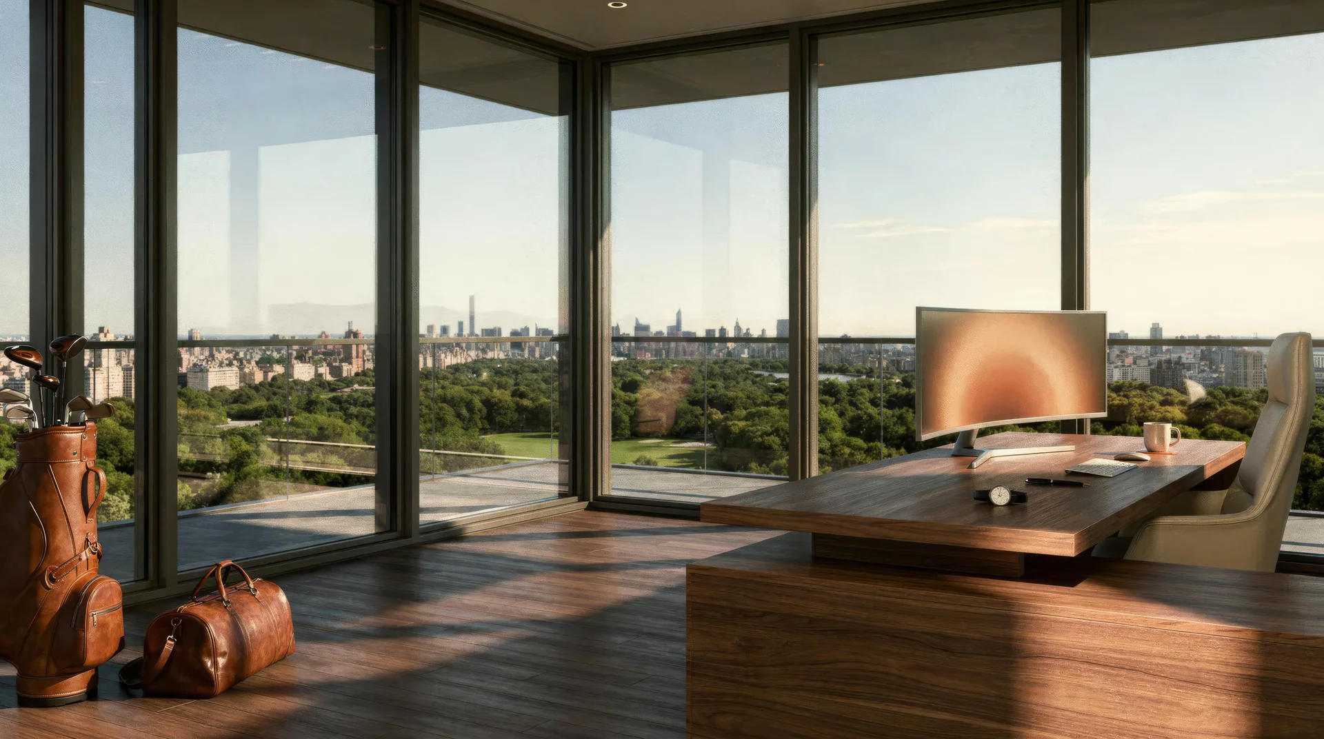 A photorealistic all-glass corner office in warm late-afternoon light, the city skyline beyond green parkland, a modern walnut desk with a glowing curved monitor on the right, a leather golf bag and holdall at left.