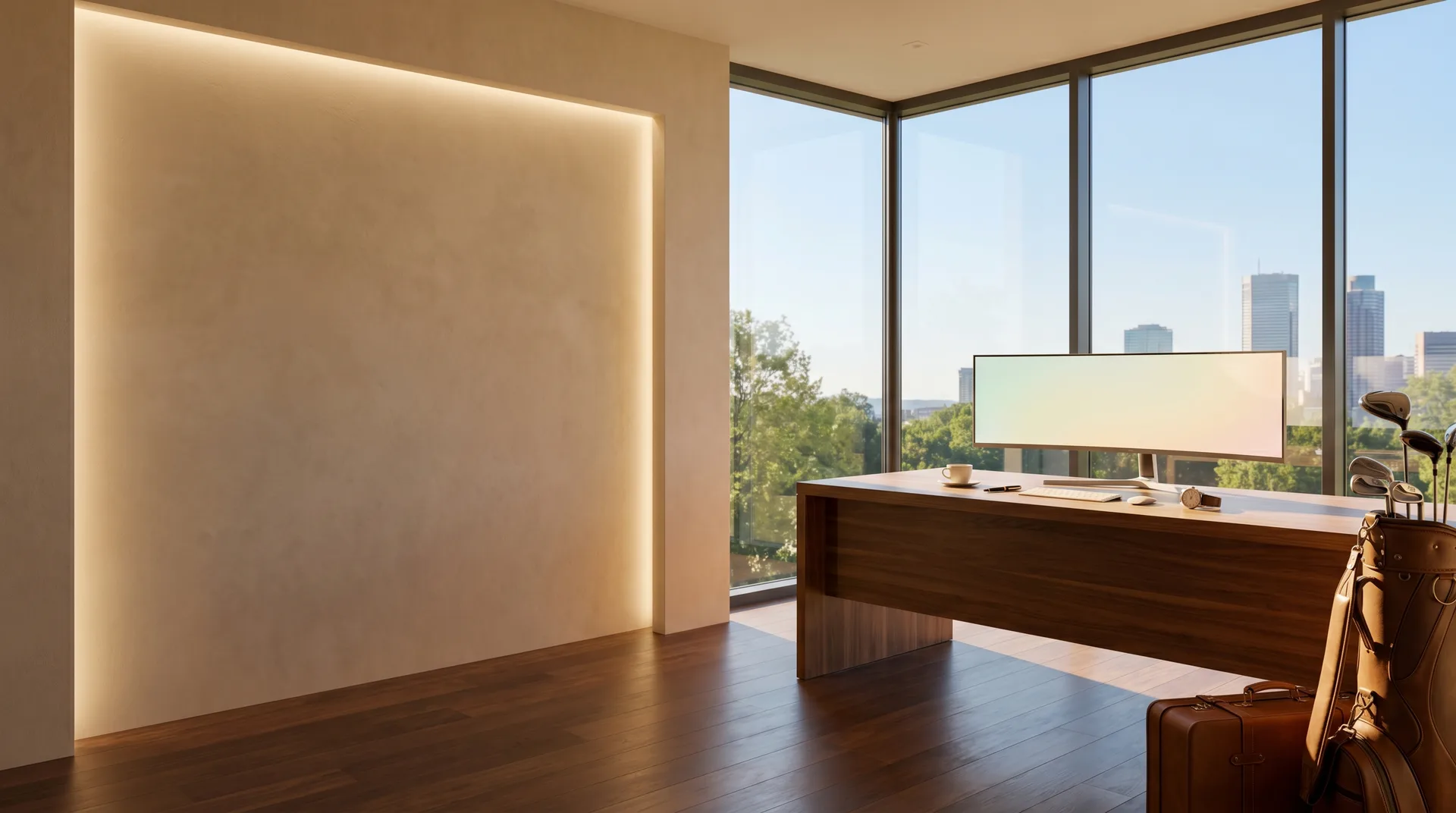 A modern executive desk with a wide ultrawide monitor before floor-to-ceiling windows onto leafy treetops and a clear sky, golf bag and suitcase nearby.