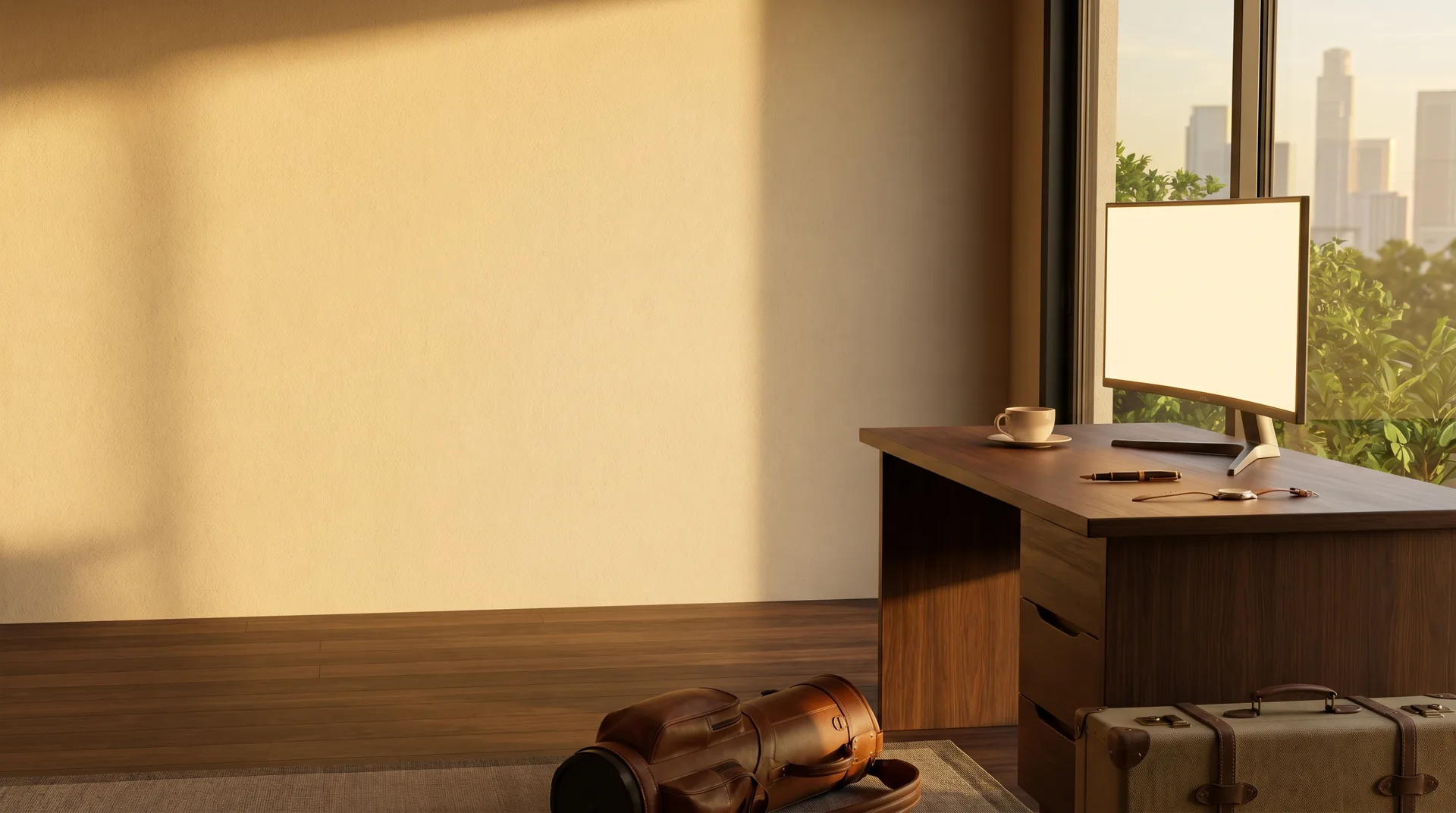 A warm-lit modern executive desk beside a softly glowing wall, golf bag and suitcases in the foreground, trees and city buildings through the window.